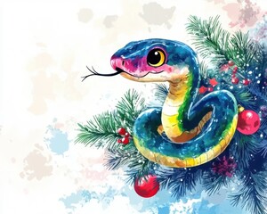 Obraz premium A brightly colored watercolor snake sits among the Christmas tree branches decorated with Christmas balls. 