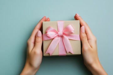 Hands holding a gift box with a pink bow. This image can be used for websites, blogs, or social media posts about gifts, holidays, or special occasions.