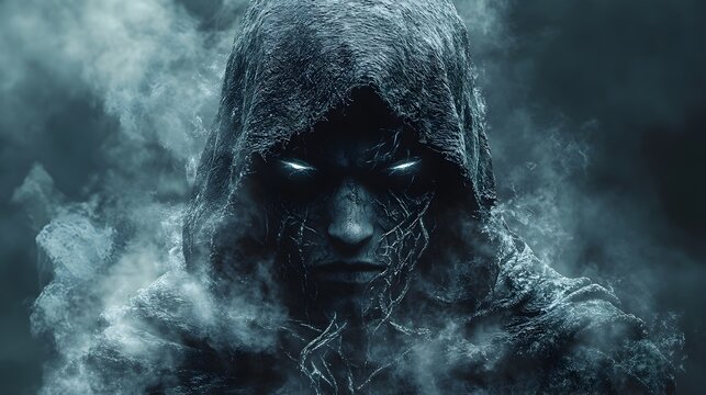 Mysterious Hooded Warlock Channeling Malevolent Otherworldly Being in Dark Fantasy Cinematic Lighting