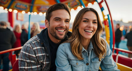 Naklejka premium Carousel of Love: A joyful couple rides a carousel, their laughter and genuine happiness radiating in a captivating image that embodies the carefree spirit of amusement parks. 