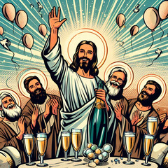 Jesus and his disciples celebrating with champagne and laughter in a festive setting, symbolizing joy and divine celebration