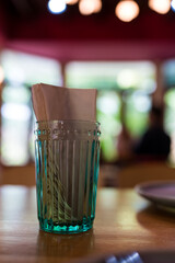 Tissue paper in wood table dinner restaurant