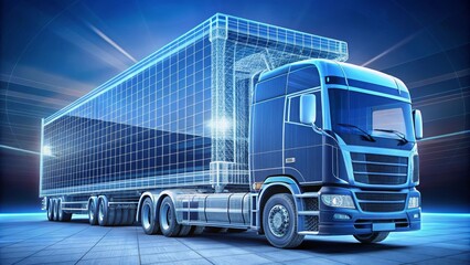Digital wireframe of a truck glowing blue representing the concept of electric, autonomous vehicles