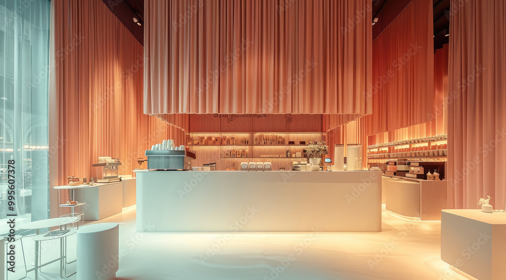 Poster a modern pop-up coffee store. with curtains and a huge counter.