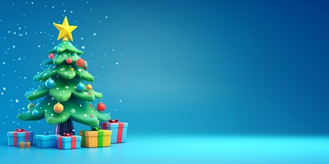 Fototapeta premium cartoon christmas tree with gifts on blue background. place for text