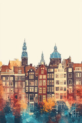 Fototapeta premium Amsterdam, Netherlands, color pen pencil hand-drawn effect drawing illustration for travel poster, card, wallpaper, backdrop or banner. Modern, clear, artistic and simple