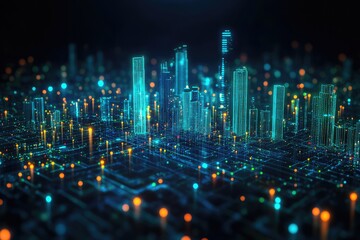 Obraz premium Digital city skyline with glowing lights. Perfect for illustrating futuristic technology and urban development.