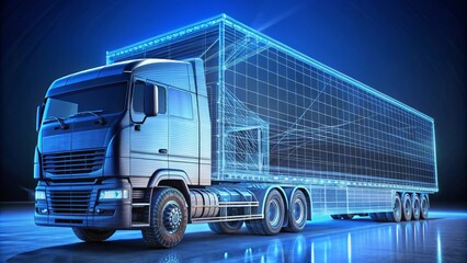 Digital wireframe of a truck glowing blue representing the concept of electric, autonomous vehicles