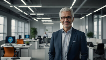 Fototapeta premium Confident Leader: A charismatic businessman with a warm smile, standing confidently in a modern office setting, conveys a sense of leadership, success, and inspiration. 