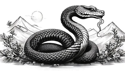 Obraz premium new year greeting card year snake black ink illustration