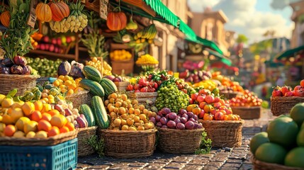 Colorful fruit and vegetable market. Stand with a variety of fresh produce for sale