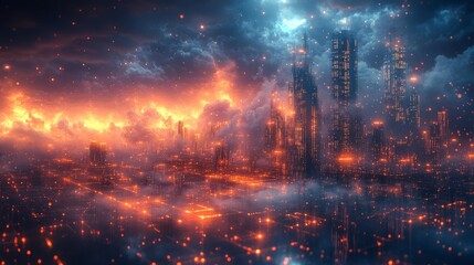 Obraz premium Cyberpunk Cityscape At Dusk With Glowing Grids Generative AI