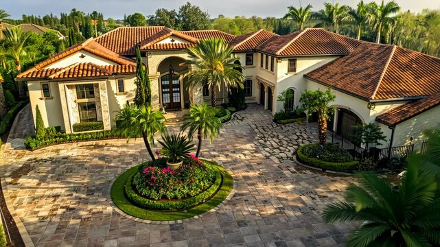 Aerial view showcasing luxury home with circular driveway