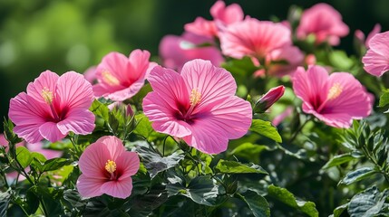 Vibrant pink hibiscus flowers bloom abundantly in sunlight during a warm summer afternoon in a lush garden setting