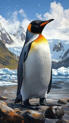 Fototapeta premium Digital illustration of a penguin with sharp details and vibrant hues, bringing the Antarctic bird to life.