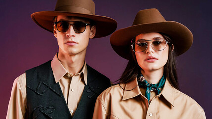 A photo of a Gen Z fashion model couple wearing western-style outfits model is wearing a beige shirt, a dark green vest, and a brown hat