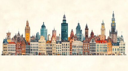 Obraz premium Antwerp, Belgium, color pen pencil hand-drawn effect drawing illustration for travel poster, card, wallpaper, backdrop or banner. Modern, clear, artistic and simple