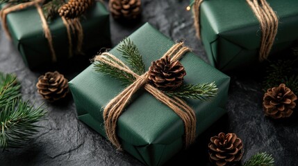 Beautifully Wrapped Green Gifts with Pinecones and Fir Branches