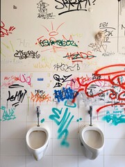 Graffitis in einem Männer Pissoir, öffentliche Toilette