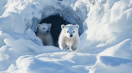 Two polar bear cubs play in a snowy landscape, showcasing their natural habitat and playful behavior.