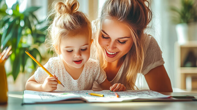 Mother and daughter are having fun while drawing at home. Happy mom teaching child development. Home school, mother and kid education, creative learning and studying, writing and fun pencil drawing