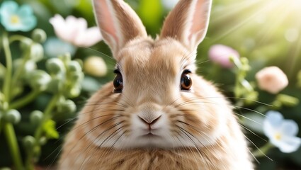 Fototapeta premium This enchanting close-up photograph captures the delicate features of a rabbit’s face set against the lush backdrop of a vibrant garden.