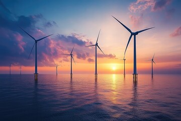 Obraz premium Wind turbines stand tall in the sea. This image depicts the power of renewable energy.