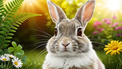 Obraz premium This enchanting close-up photograph captures the delicate features of a rabbit’s face set against the lush backdrop of a vibrant garden.