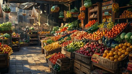 Colorful fruit and vegetable market. Stand with a variety of fresh produce for sale