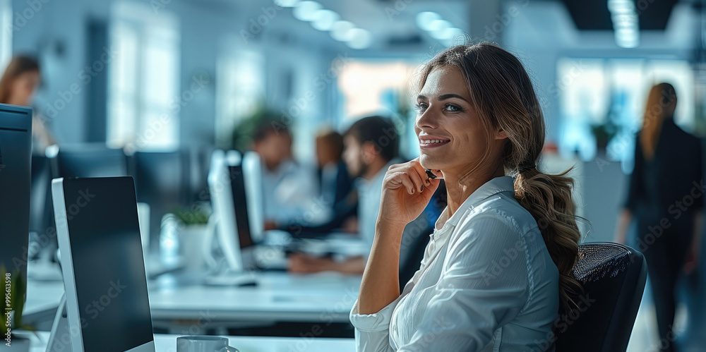 Poster modern office filled with energized employees at their desks, seamlessly collaborating with ai tools