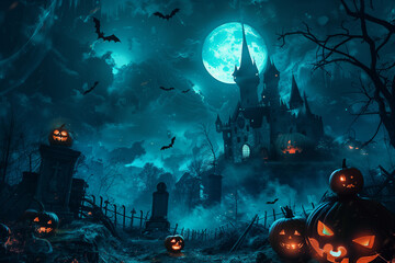 Halloween spooky background with copy space. Silhouette of the which castle, pumpkins, bats, graveyard, trees. High quality photo