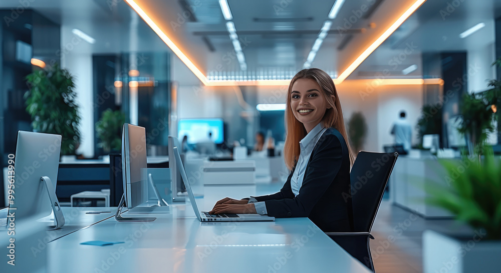 Poster modern office filled with energized employees at their desks, seamlessly collaborating with ai tools