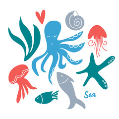 Fototapeta premium Vector set of underwater inhabitants octopus, fish, starfish, algae