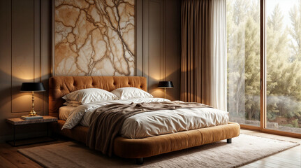Fototapeta premium Modern cozy bedroom with marble decor. Generative AI