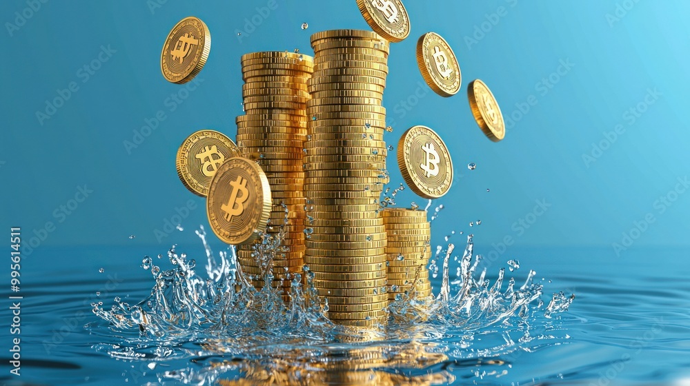 Poster bitcoin coins splashing in water.