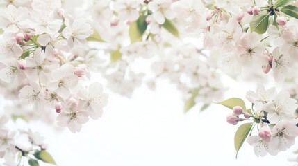 Obraz premium Delicate pink cherry blossoms and green leaves create a serene springtime border on a white background.
