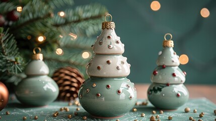 Cute Christmas ceramic decorations, green background.