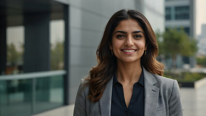 Confident & Successful: A young businesswoman beams with confidence, her eyes reflecting ambition and determination. The urban backdrop enhances her professional image.
