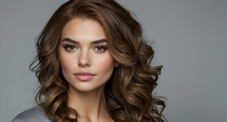 Naklejka premium Radiant Beauty: Portrait of a Woman with Long Brown Curly Hair