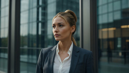 Confident Businesswoman: A determined businesswoman with a focused gaze walks confidently towards a bright future, radiating power and ambition in a sleek suit.