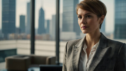 Fototapeta premium Confident Businesswoman in Modern Office: A portrait of a determined businesswoman, gazing intently with a serious expression, set against the backdrop of a stunning cityscape.