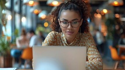 Businesswoman in eyeglasses sitting at a stylish co-working desk, engaging with her laptop while taking notes, with modern decor and other professionals working in the background.