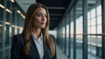 Fototapeta premium Confident Businesswoman: Ambitious and poised, a stylish businesswoman gazes thoughtfully through a modern glass corridor, embodying determination and success.