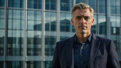 Confident Businessman: Portrait of a successful businessman in a navy blue suit against a modern cityscape backdrop.  A compelling image for corporate success, leadership, and ambition.