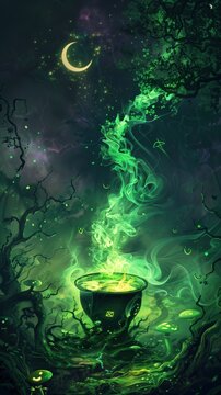 Witch&rsquo;s Cauldron Brewing in Enchanted Forest with Crescent Moon