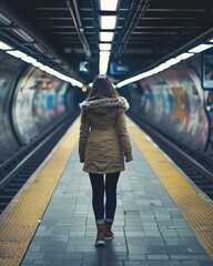 Obraz premium Woman Walking in Subway Station with Graffiti Art - Urban Commute in Winter Jacket
