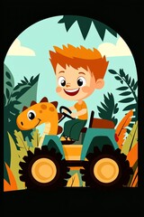 Fototapeta premium Happy Boy Riding Dinosaur Toy In Jungle