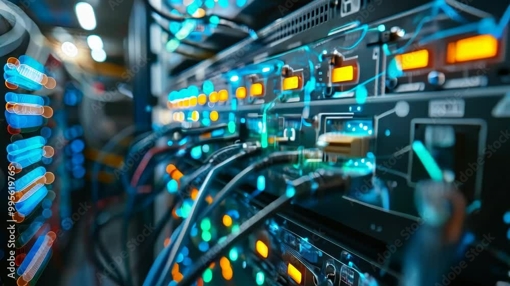 Poster high-tech office network data center with glowing server racks and cables - advanced it infrastructu