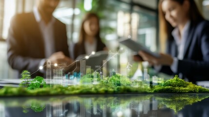 A team of professionals collaborates over a table with a digital green cityscape design, emphasizing innovation and sustainability in urban planning.