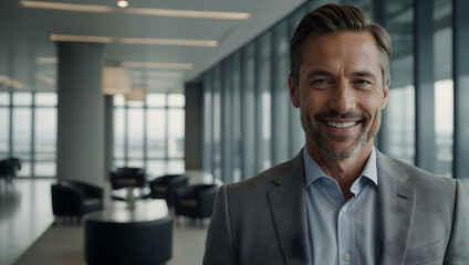 Obraz premium Confident CEO Portrait: Successful businessman smiling in modern office 